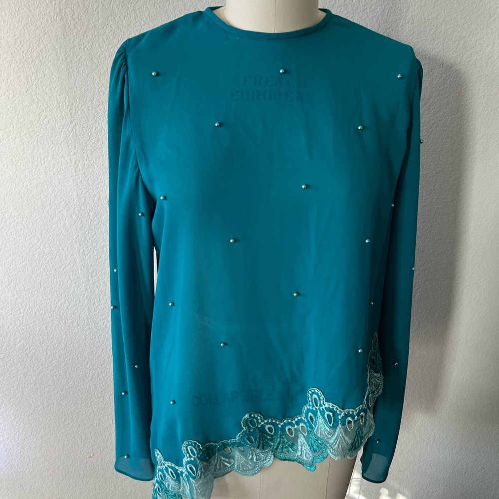 Vintage Teal Embellished Women's Blouse